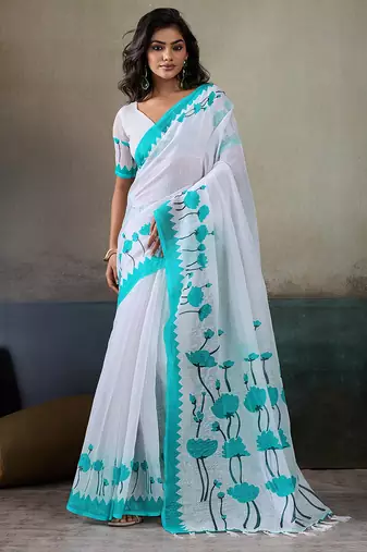 Printed floral ethnic motifs linen digital saree with blouse piece