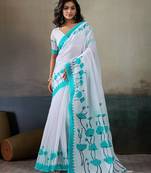 Printed floral ethnic motifs linen digital saree with blouse piece