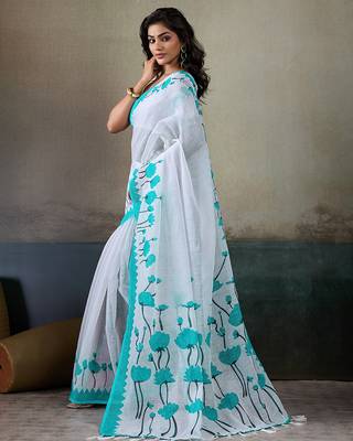 Printed floral ethnic motifs linen digital saree with blouse piece 2