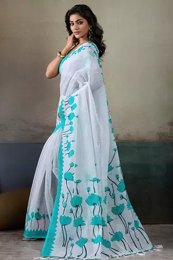 Printed floral ethnic motifs linen digital saree with blouse piece