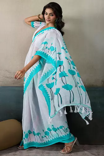 Printed floral ethnic motifs linen digital saree with blouse piece