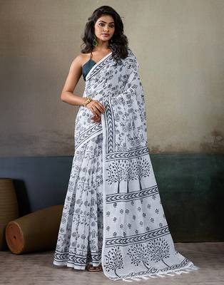Printed floral ethnic motifs linen digital saree with blouse piece 1