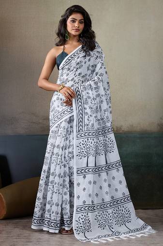 Printed floral ethnic motifs linen digital saree with blouse piece
