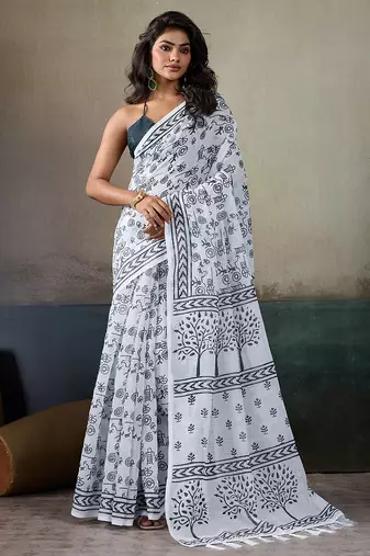 Printed floral ethnic motifs linen digital saree with blouse piece