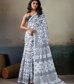 Printed floral ethnic motifs linen digital saree with blouse piece
