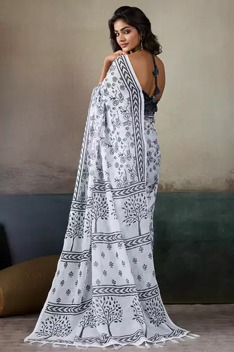 Printed floral ethnic motifs linen digital saree with blouse piece