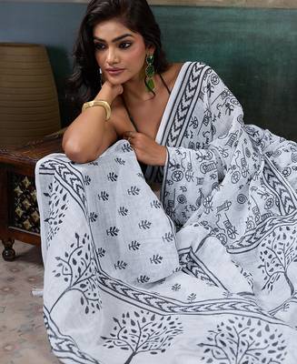 Printed floral ethnic motifs linen digital saree with blouse piece 4