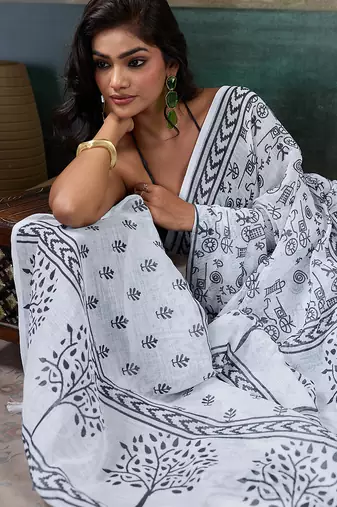 Printed floral ethnic motifs linen digital saree with blouse piece