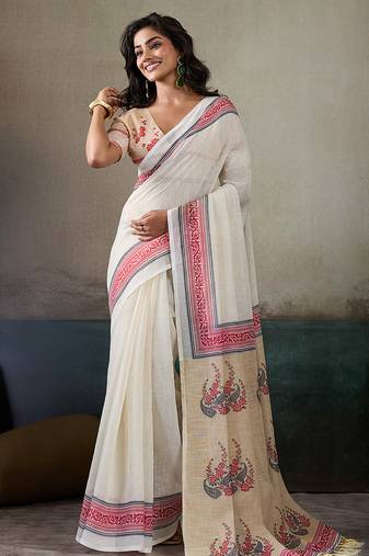 Printed floral ethnic motifs linen digital saree with blouse piece
