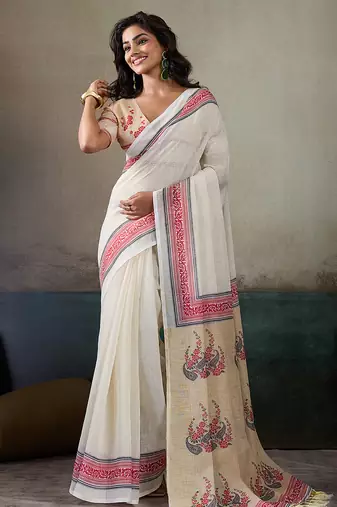 Printed floral ethnic motifs linen digital saree with blouse piece