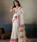 Printed floral ethnic motifs linen digital saree with blouse piece