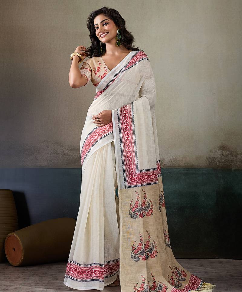 Printed floral ethnic motifs linen digital saree with blouse piece