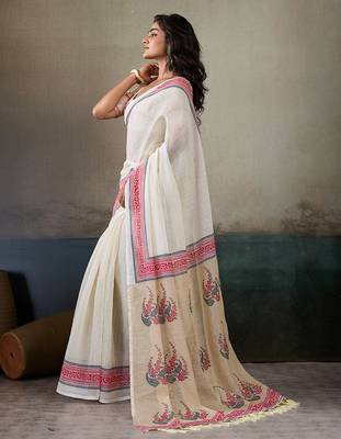 Printed floral ethnic motifs linen digital saree with blouse piece 2
