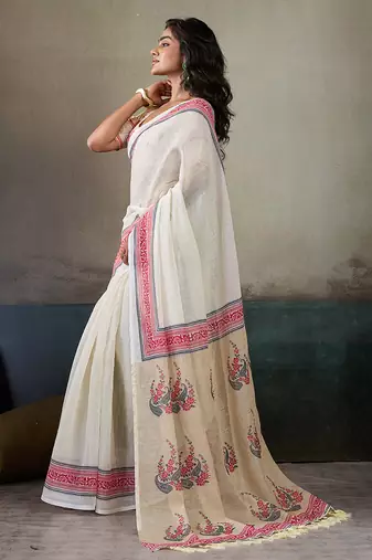 Printed floral ethnic motifs linen digital saree with blouse piece