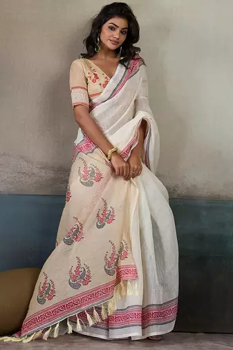 Printed floral ethnic motifs linen digital saree with blouse piece