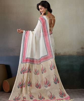 Printed floral ethnic motifs linen digital saree with blouse piece 5
