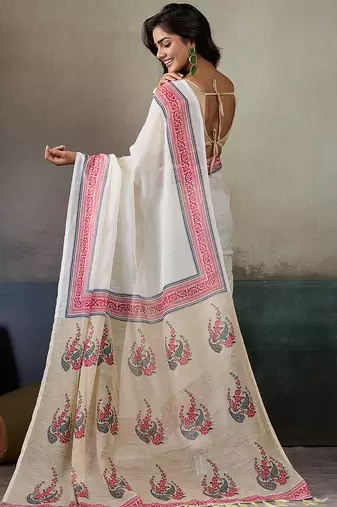 Printed floral ethnic motifs linen digital saree with blouse piece