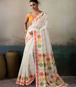 Printed floral ethnic motifs linen digital saree with blouse piece