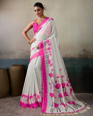 Printed floral ethnic motifs linen digital saree with blouse piece 1