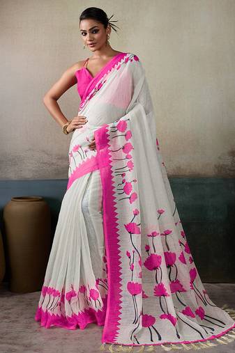 Printed floral ethnic motifs linen digital saree with blouse piece