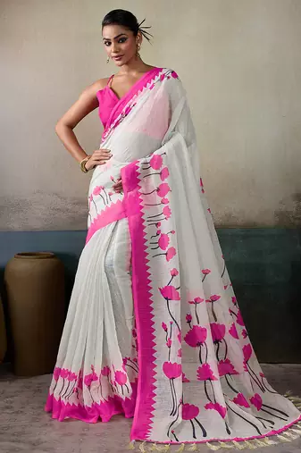Printed floral ethnic motifs linen digital saree with blouse piece
