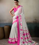Printed floral ethnic motifs linen digital saree with blouse piece