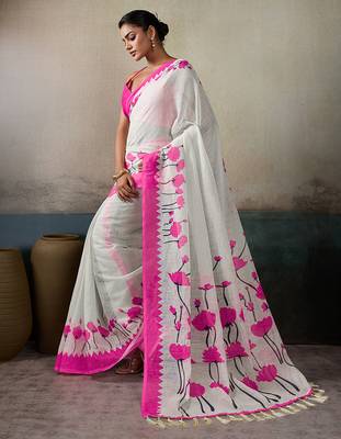 Printed floral ethnic motifs linen digital saree with blouse piece 2