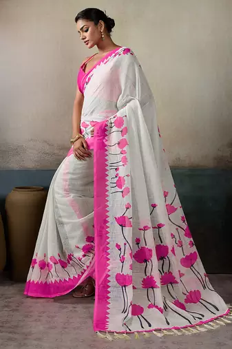 Printed floral ethnic motifs linen digital saree with blouse piece