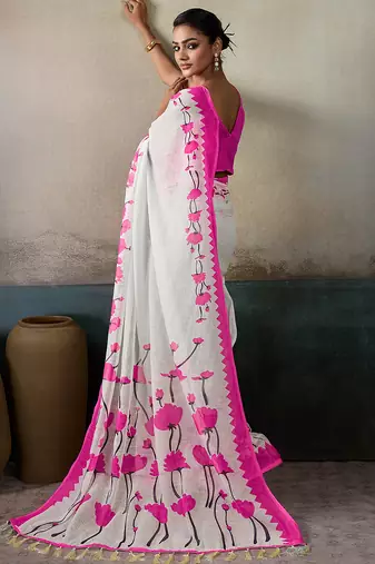 Printed floral ethnic motifs linen digital saree with blouse piece
