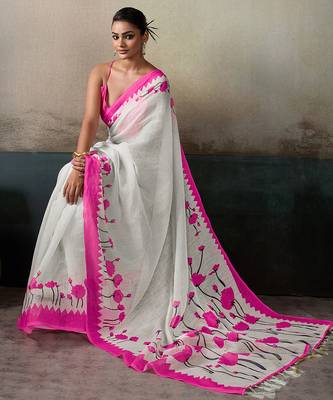 Printed floral ethnic motifs linen digital saree with blouse piece 4