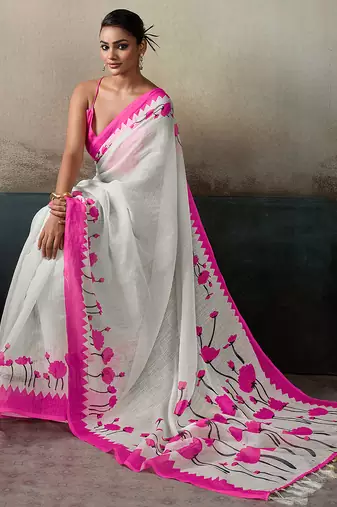 Printed floral ethnic motifs linen digital saree with blouse piece