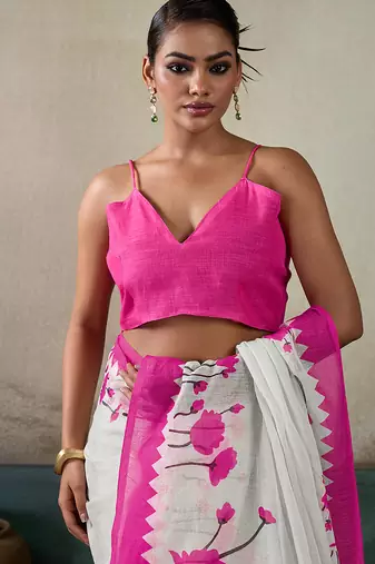 Printed floral ethnic motifs linen digital saree with blouse piece