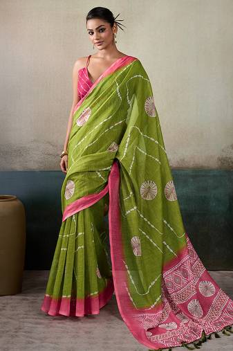 Printed floral ethnic motifs linen digital saree with blouse piece
