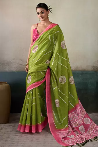 Printed floral ethnic motifs linen digital saree with blouse piece