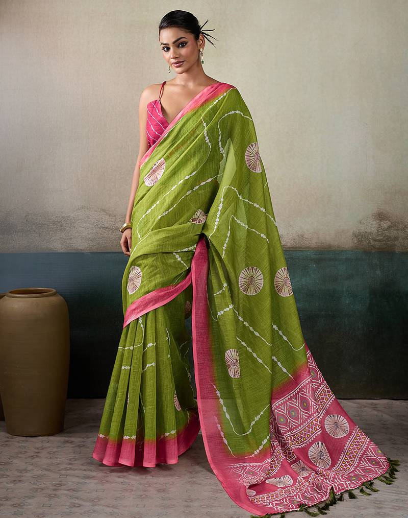 Printed floral ethnic motifs linen digital saree with blouse piece