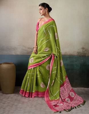 Printed floral ethnic motifs linen digital saree with blouse piece 2