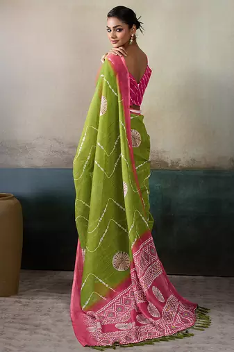 Printed floral ethnic motifs linen digital saree with blouse piece