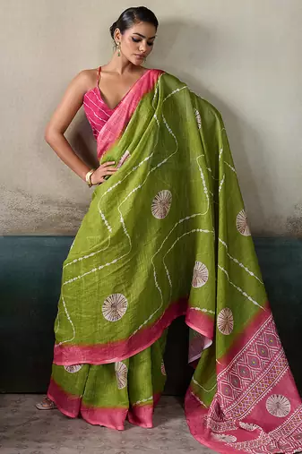 Printed floral ethnic motifs linen digital saree with blouse piece