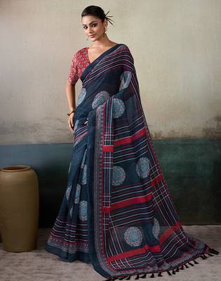 Printed floral ethnic motifs linen digital saree with blouse piece 1