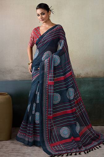 Printed floral ethnic motifs linen digital saree with blouse piece