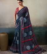 Printed floral ethnic motifs linen digital saree with blouse piece
