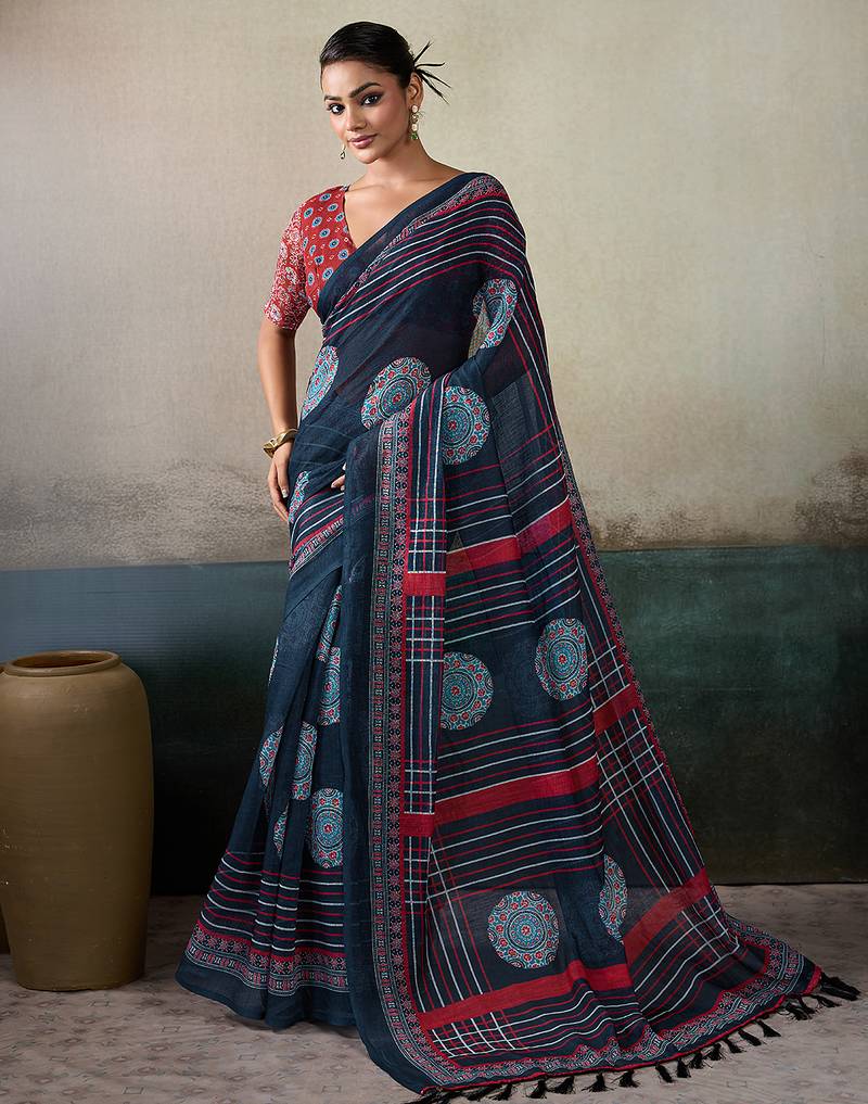 Printed floral ethnic motifs linen digital saree with blouse piece
