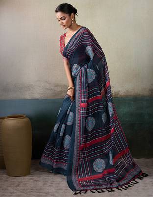 Printed floral ethnic motifs linen digital saree with blouse piece 2