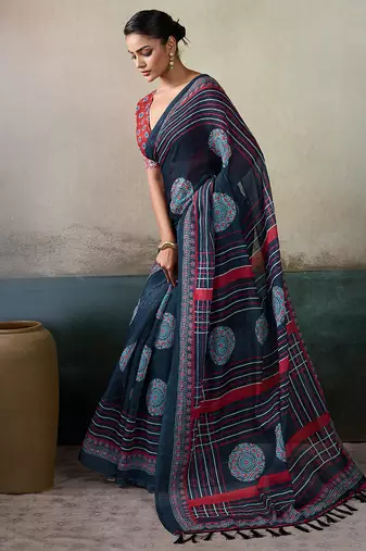 Printed floral ethnic motifs linen digital saree with blouse piece