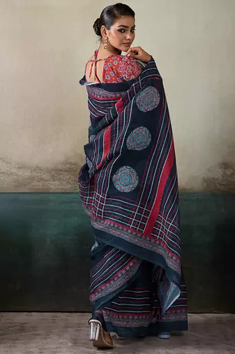 Printed floral ethnic motifs linen digital saree with blouse piece