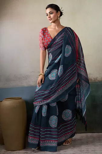 Printed floral ethnic motifs linen digital saree with blouse piece