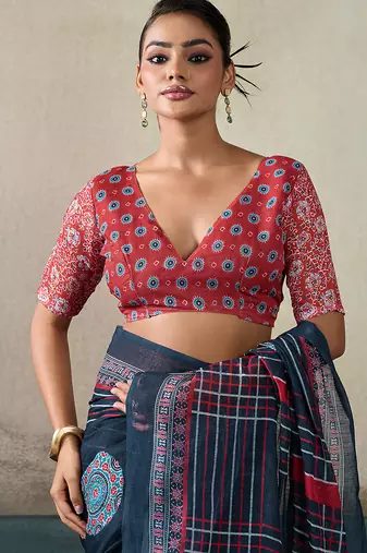 Printed floral ethnic motifs linen digital saree with blouse piece