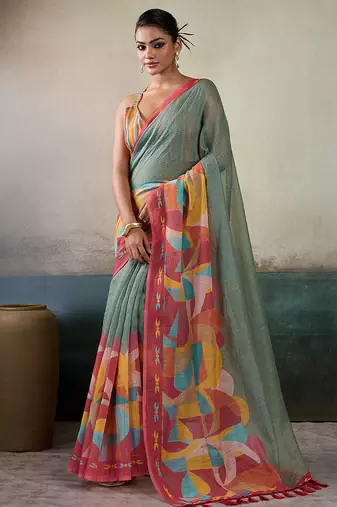Printed floral ethnic motifs linen digital saree with blouse piece