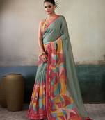 Printed floral ethnic motifs linen digital saree with blouse piece