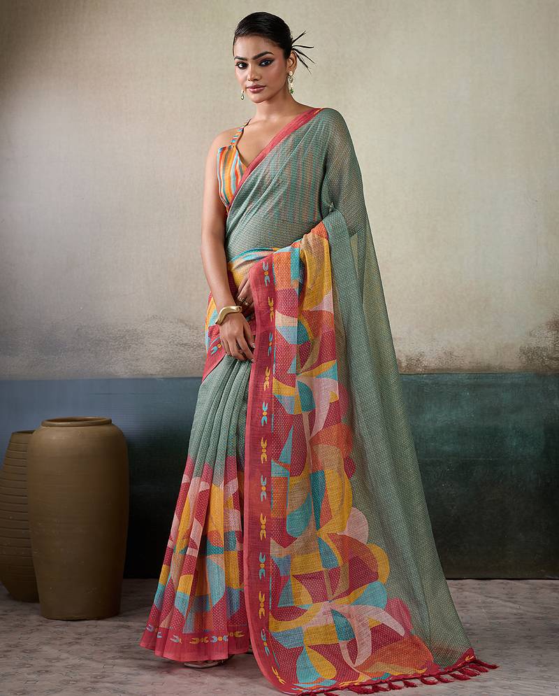 Printed floral ethnic motifs linen digital saree with blouse piece